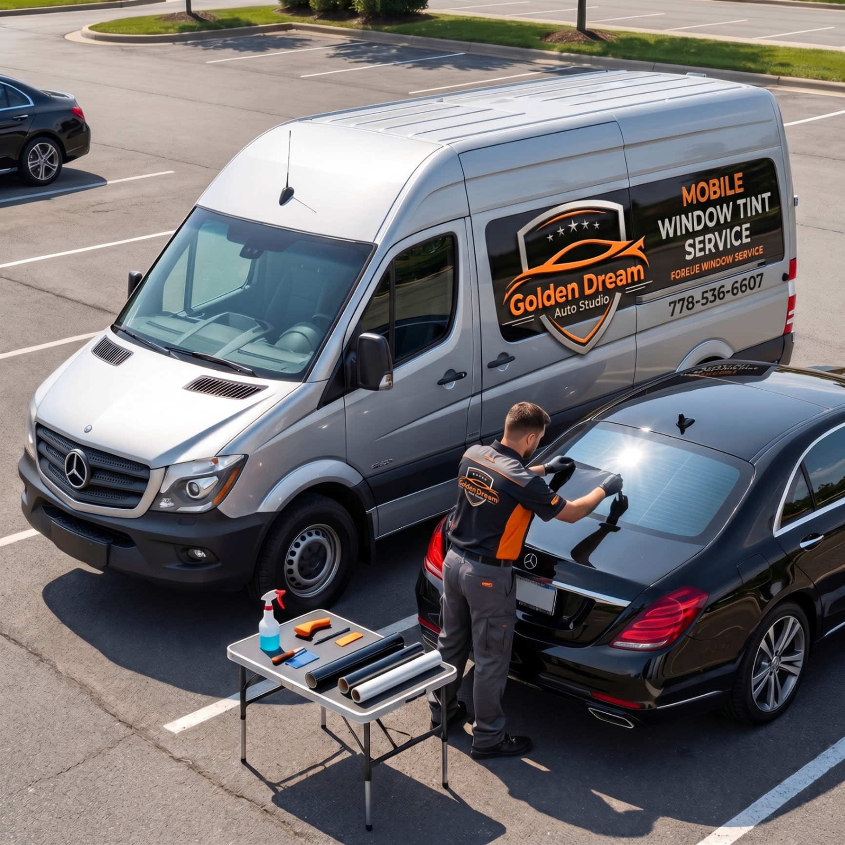 Golden Dream Auto Studio mobile tint technician at customer driveway